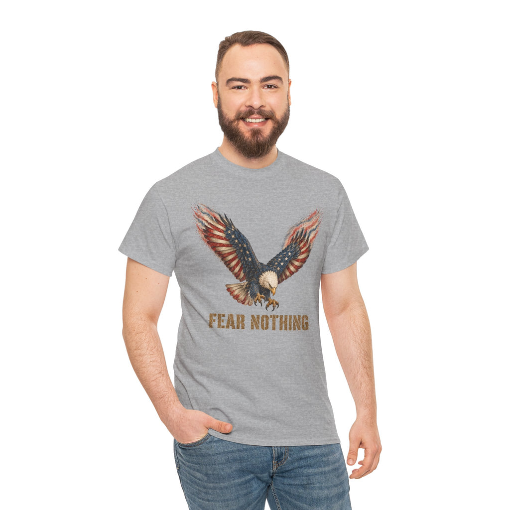 Heather gray crew-neck t-shirt with eagle and “FEAR NOTHING” graphic