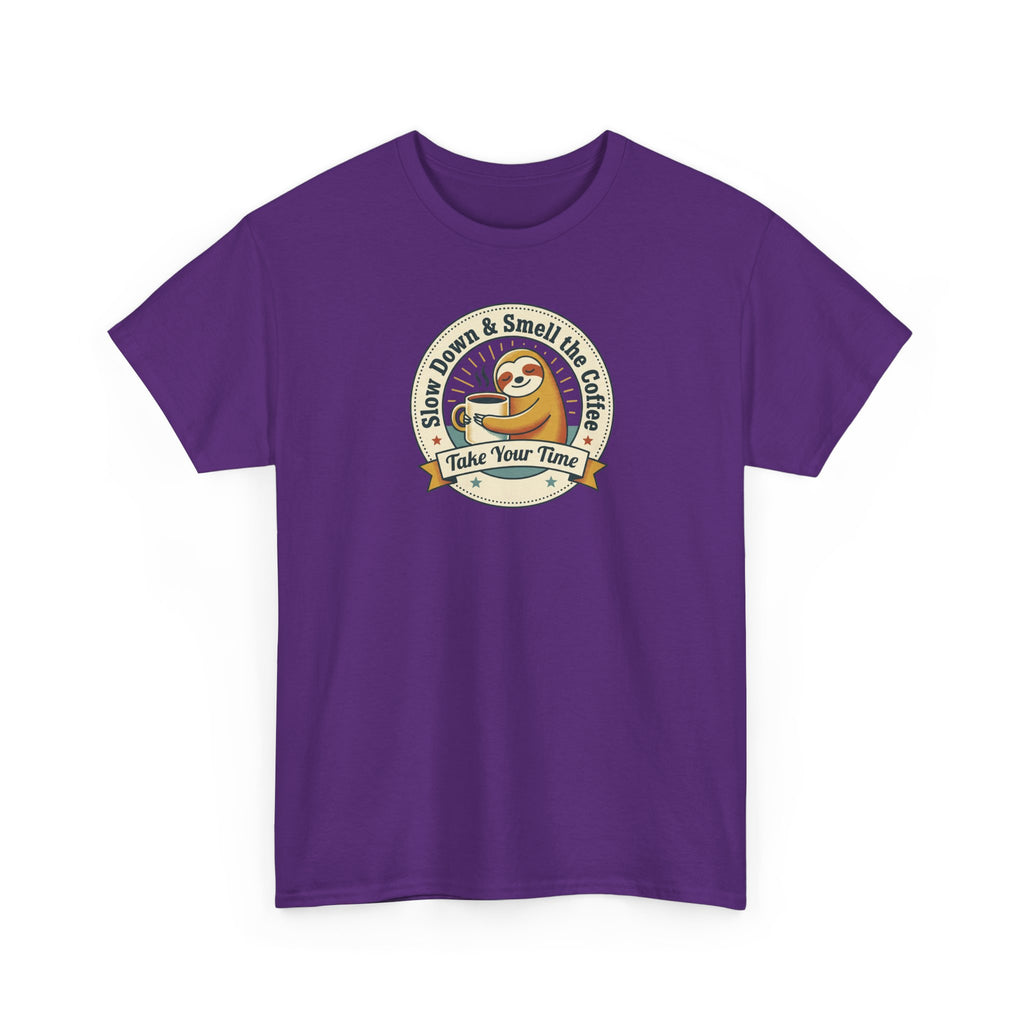 Purple T-shirt with coffee sloth emblem graphic on chest