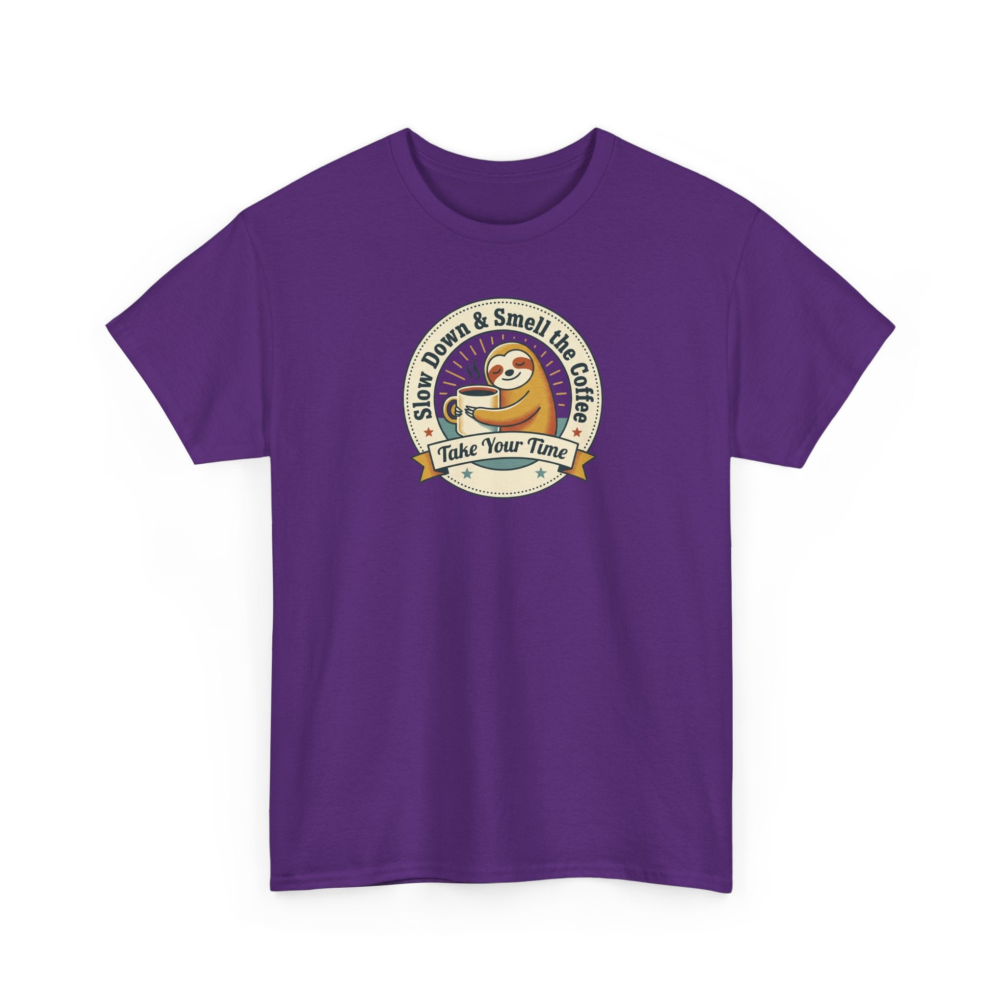 Purple T-shirt with coffee sloth emblem graphic on chest