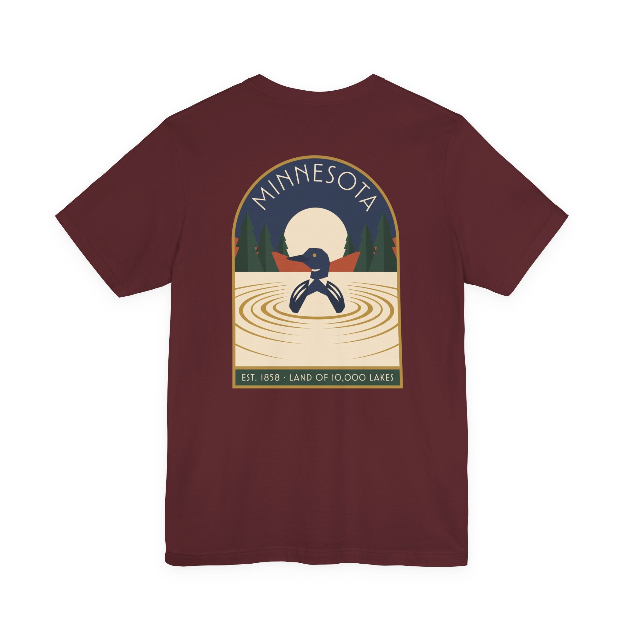 Maroon T-shirt with centered square Minnesota logo featuring a loon and water ripples