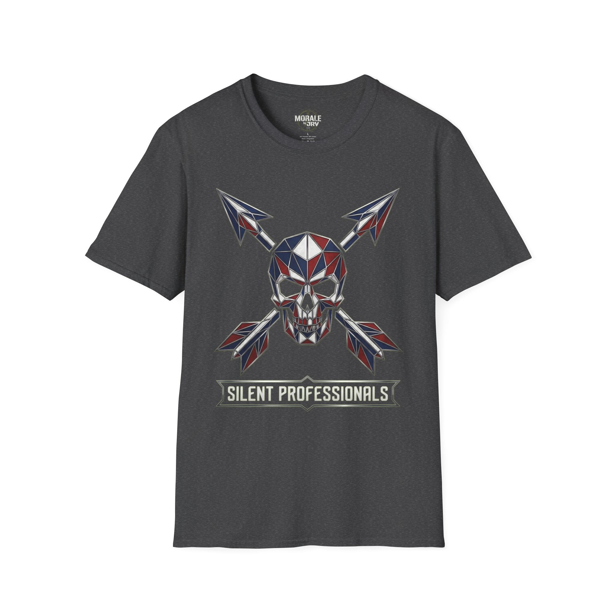 Charcoal T-shirt with geometric skull and crossed arrows graphic, Silent Professionals