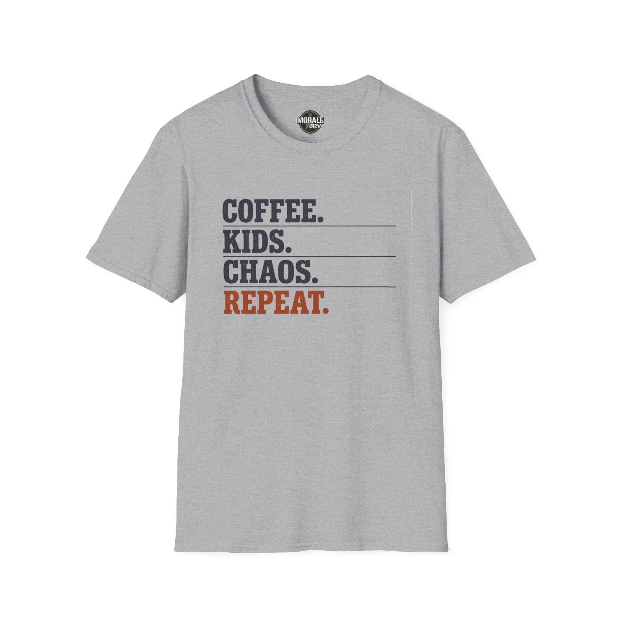 Sport Grey T-shirt with “COFFEE. KIDS. CHAOS. REPEAT.” graphic print