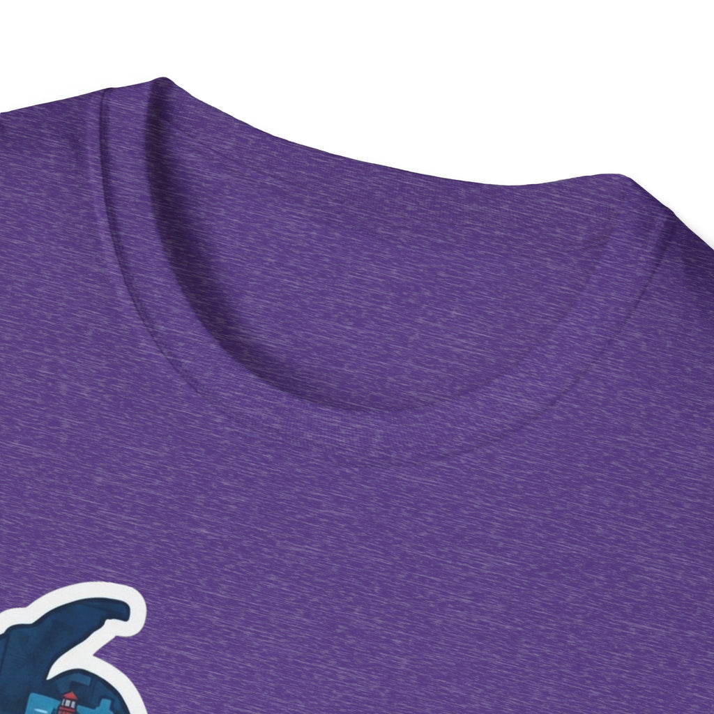 Purple heather T-shirt fabric close-up and crew neckline