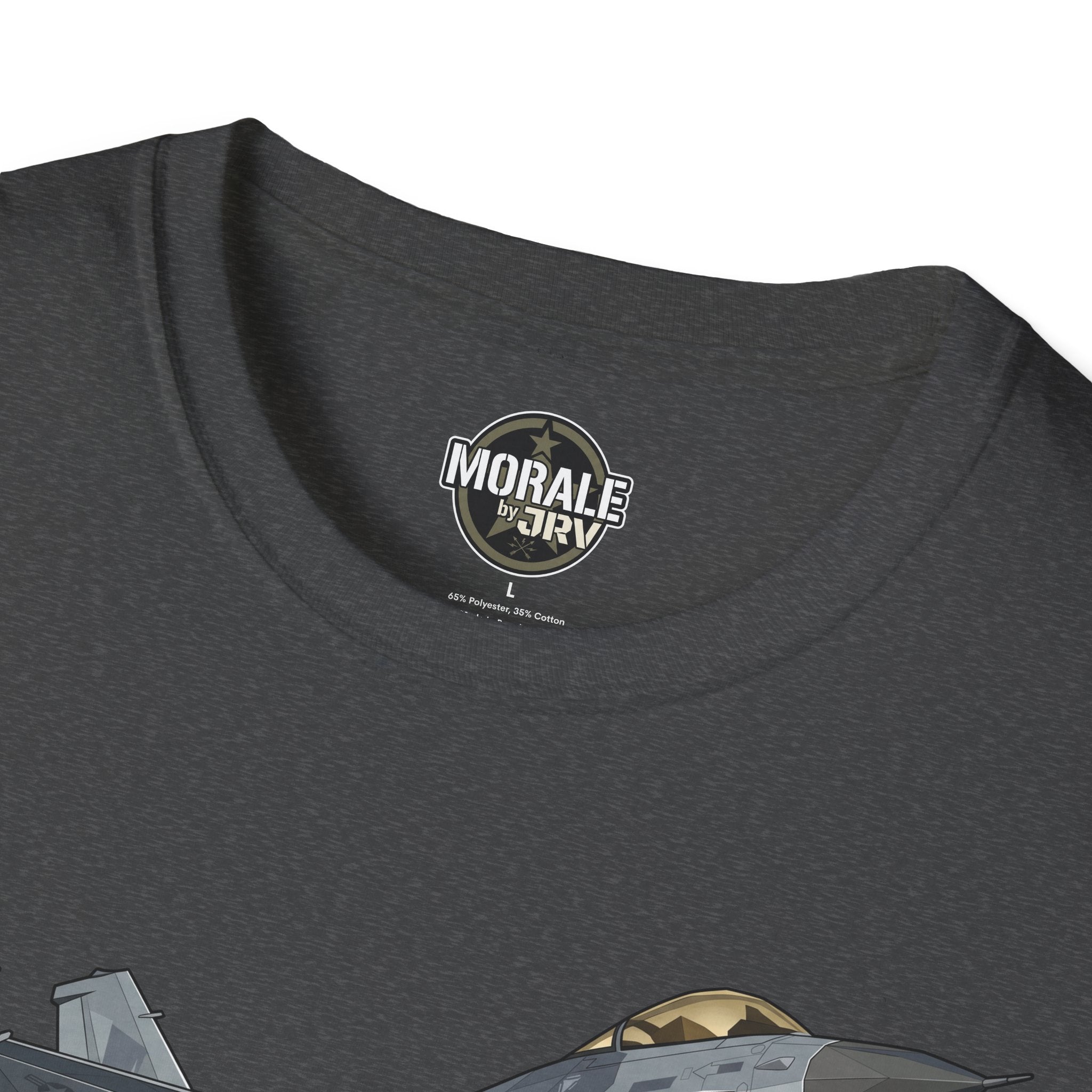 Dark charcoal T-shirt with “MORALE by JRVI” logo print at the neckline