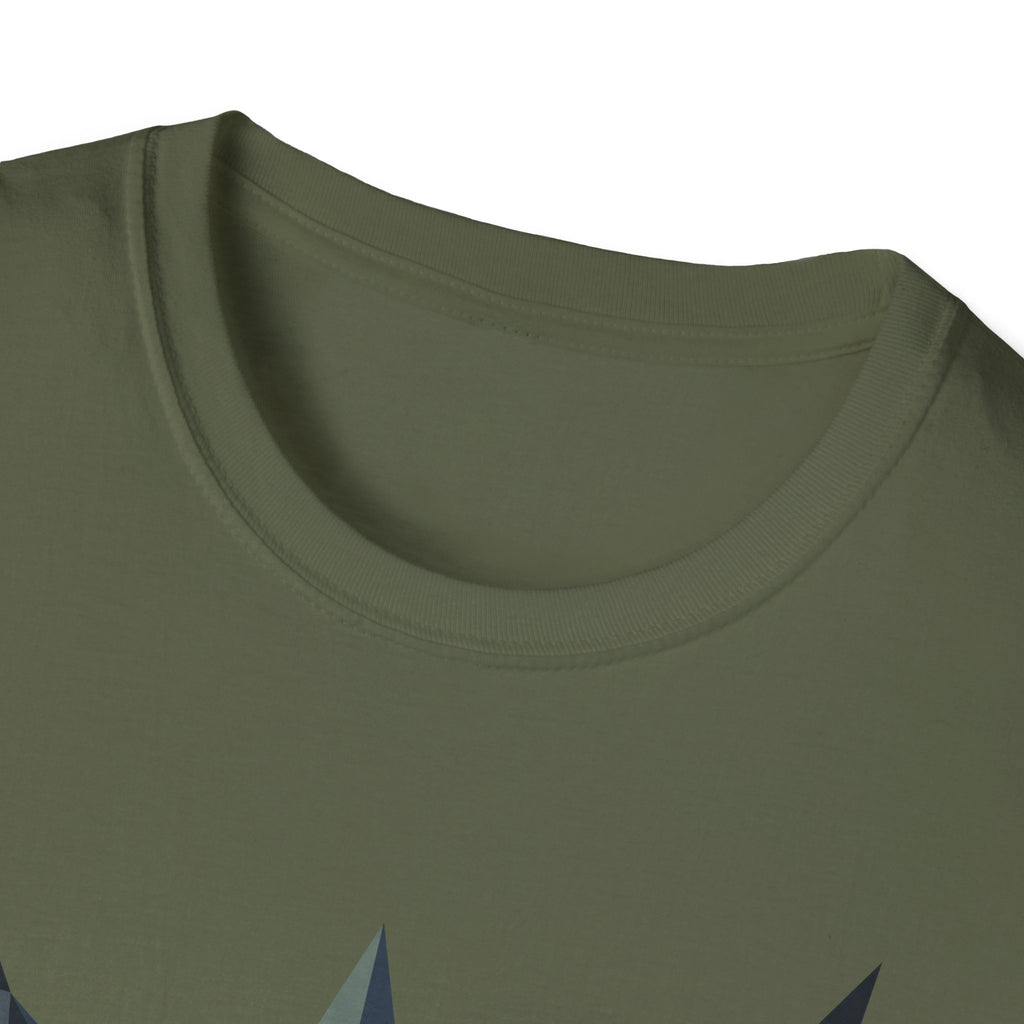 Olive green crew-neck T-shirt, close-up of neckline and short sleeves
