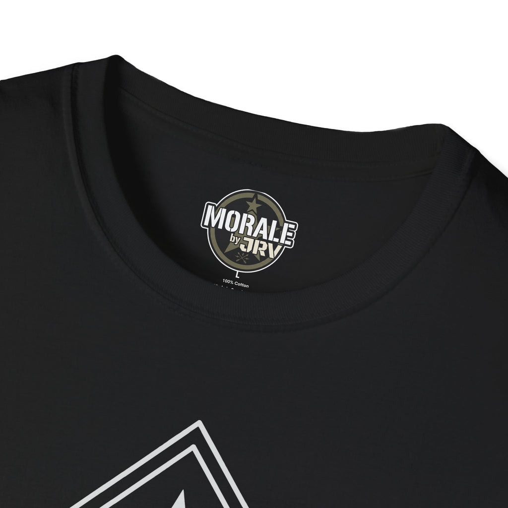 Black T-shirt with MORAL by TR1 logo on crew neck