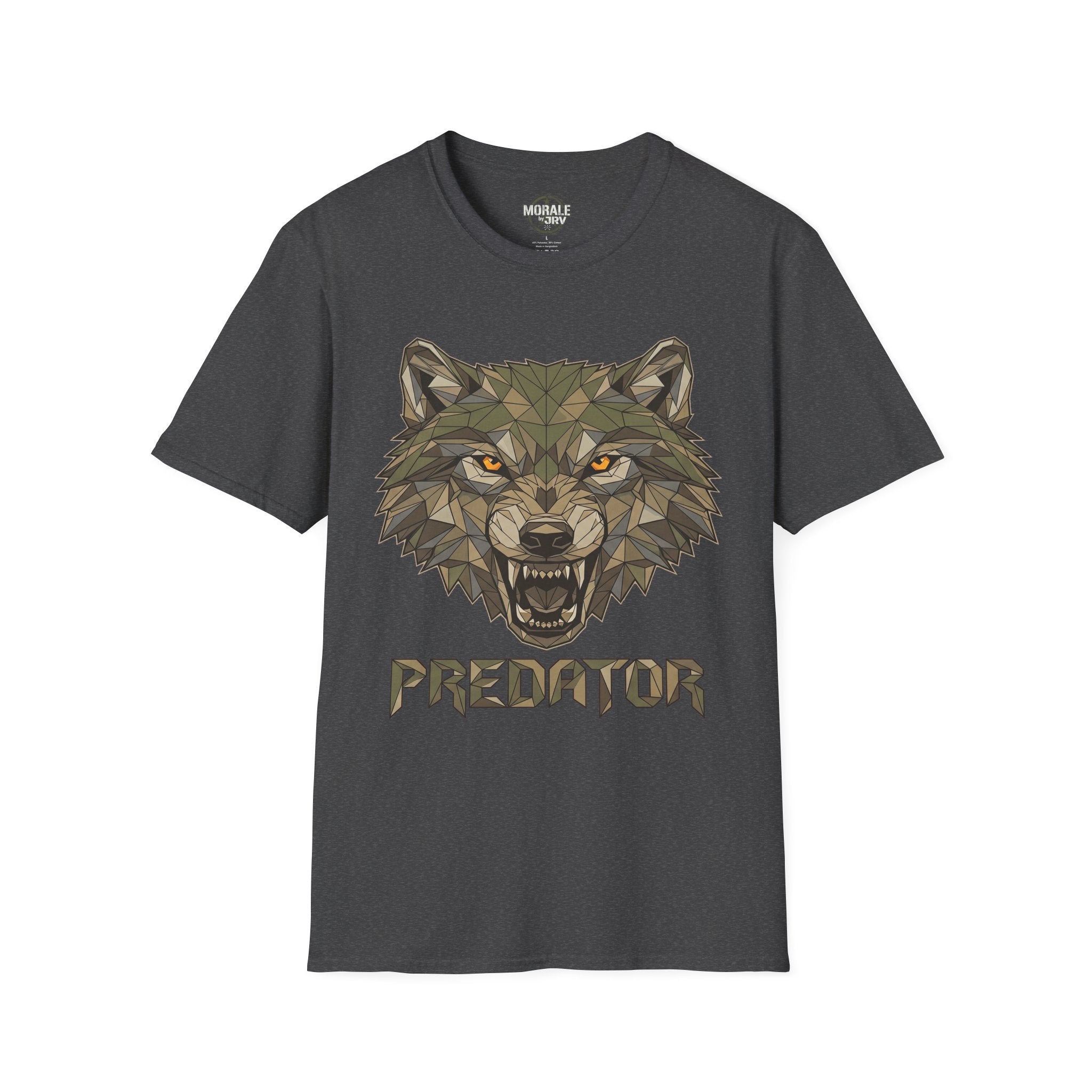 Geometrischer Wolfkopf Predator T‑Shirt, dunkelgrau, Frontdruck mit Wolfgesicht & Schriftzug
