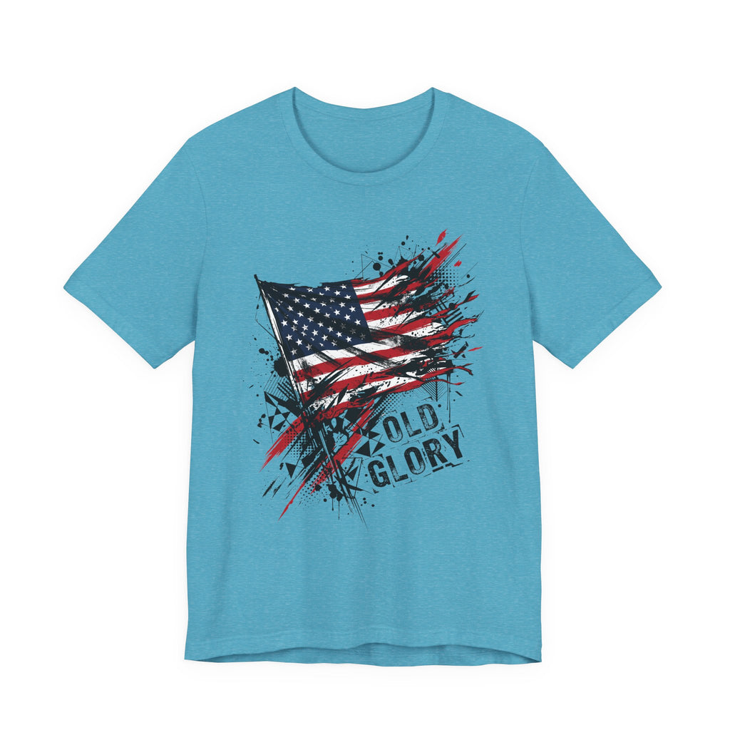 Distressed American flag t-shirt, light blue crew neck, splatter 'Old Glory' graphic.