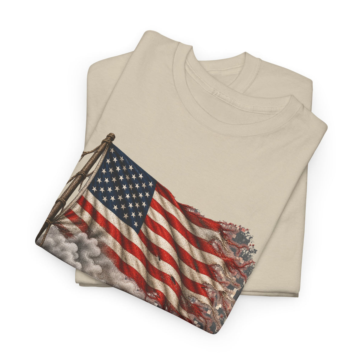 Beige crew-neck T-shirt with weathered American flag graphic