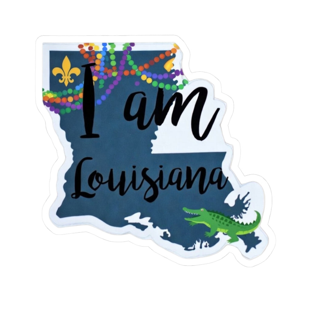 I Am Louisiana sticker: fleur-de-lis, rainbow dots, green alligator, die-cut outline