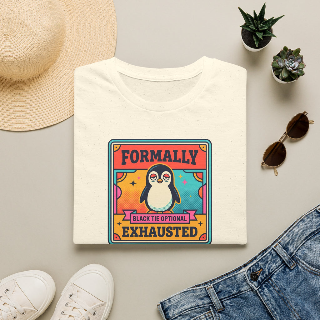 White crew-neck T-shirt with retro penguin badge graphic and “Formally” “Exhausted” text.
