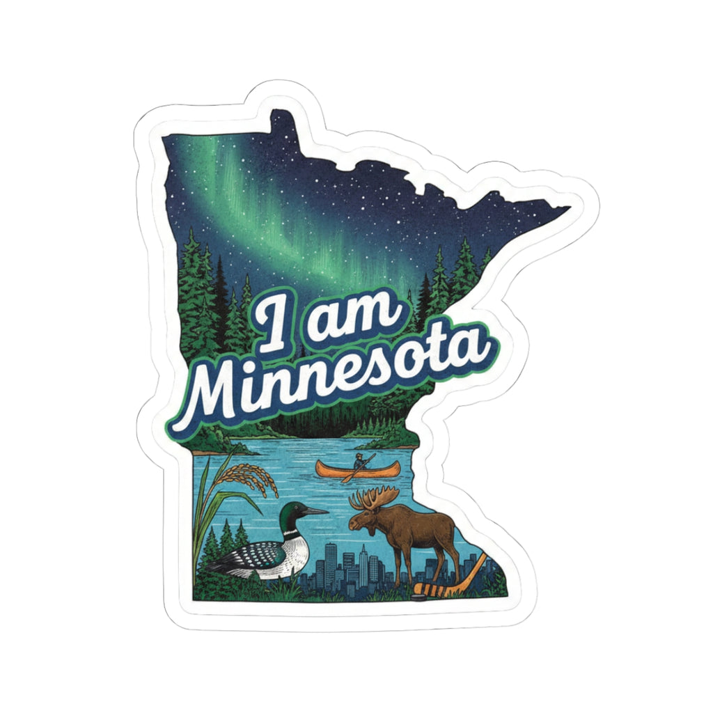 I am Minnesota sticker: aurora Minnesota outline with moose, lake, city skyline