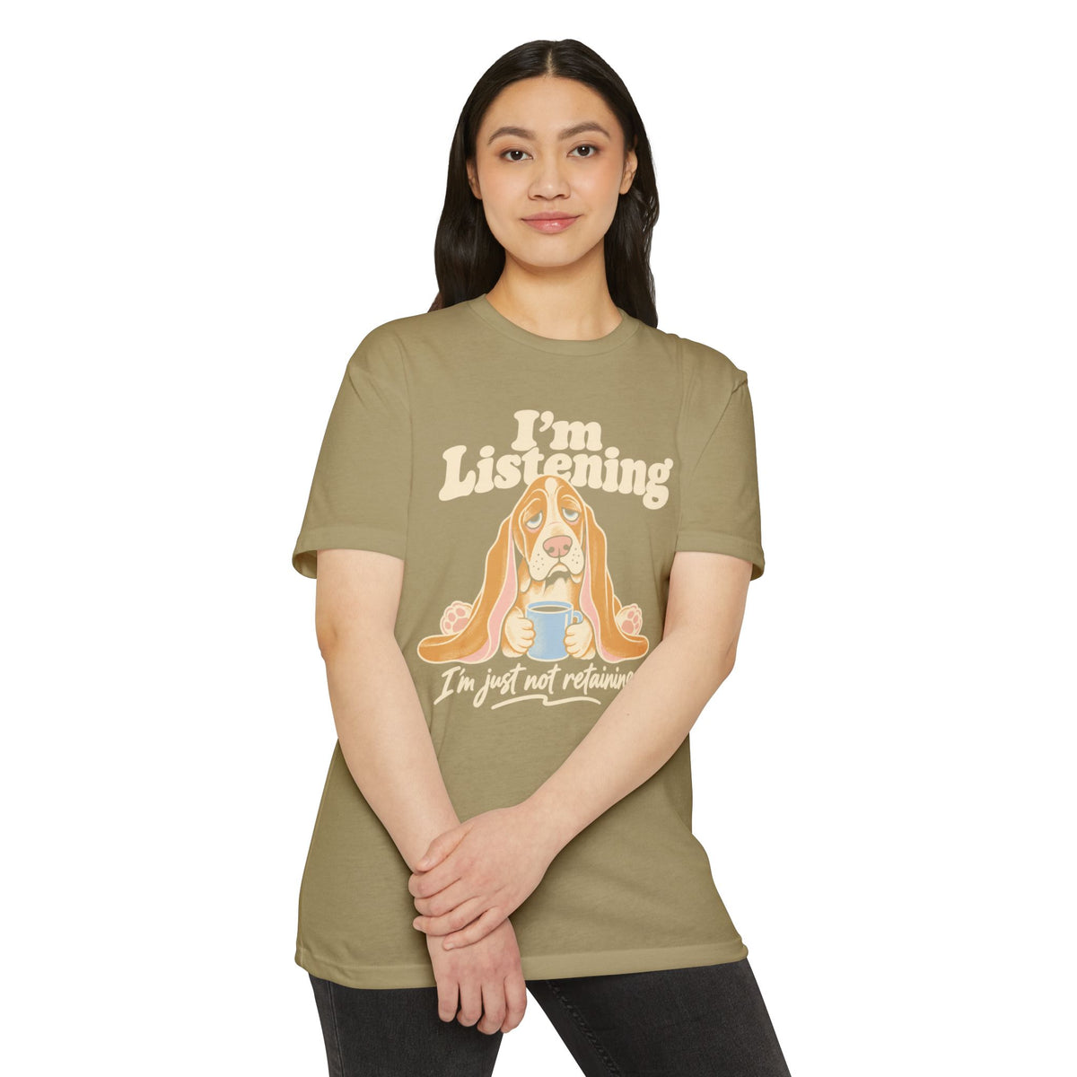 Olive dog lover graphic T-shirt with basset hound and “I'm Listening” text
