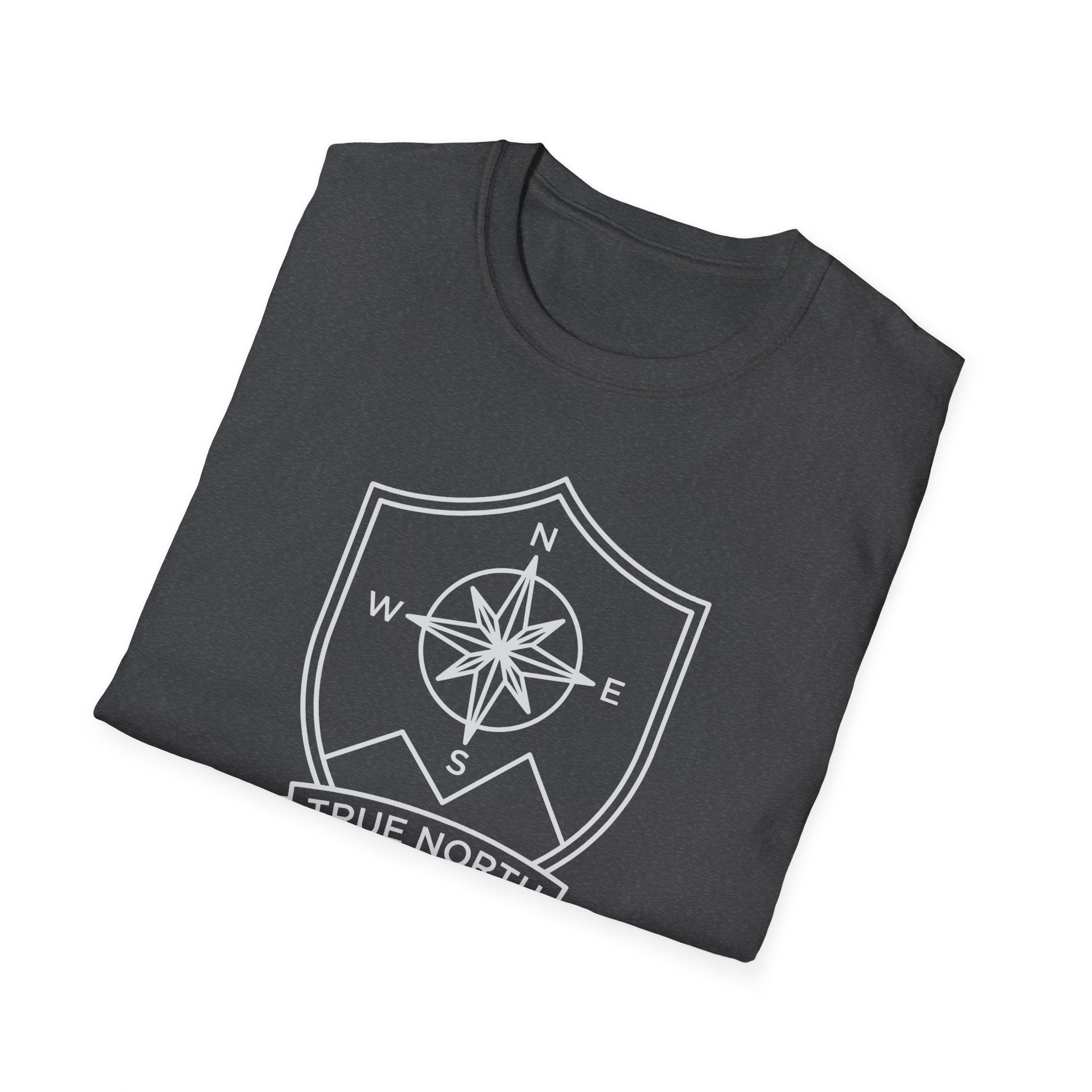 Dark heather compass shield T-shirt with compass rose and direction letters on chest
