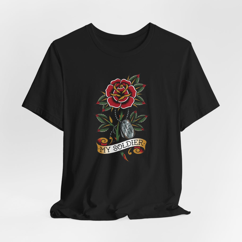 Black crewneck T-shirt with red rose and dog tag tattoo-style design, front view