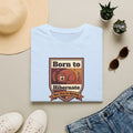 Light blue graphic T-shirt with centered bear "Born to Hibernate" badge print