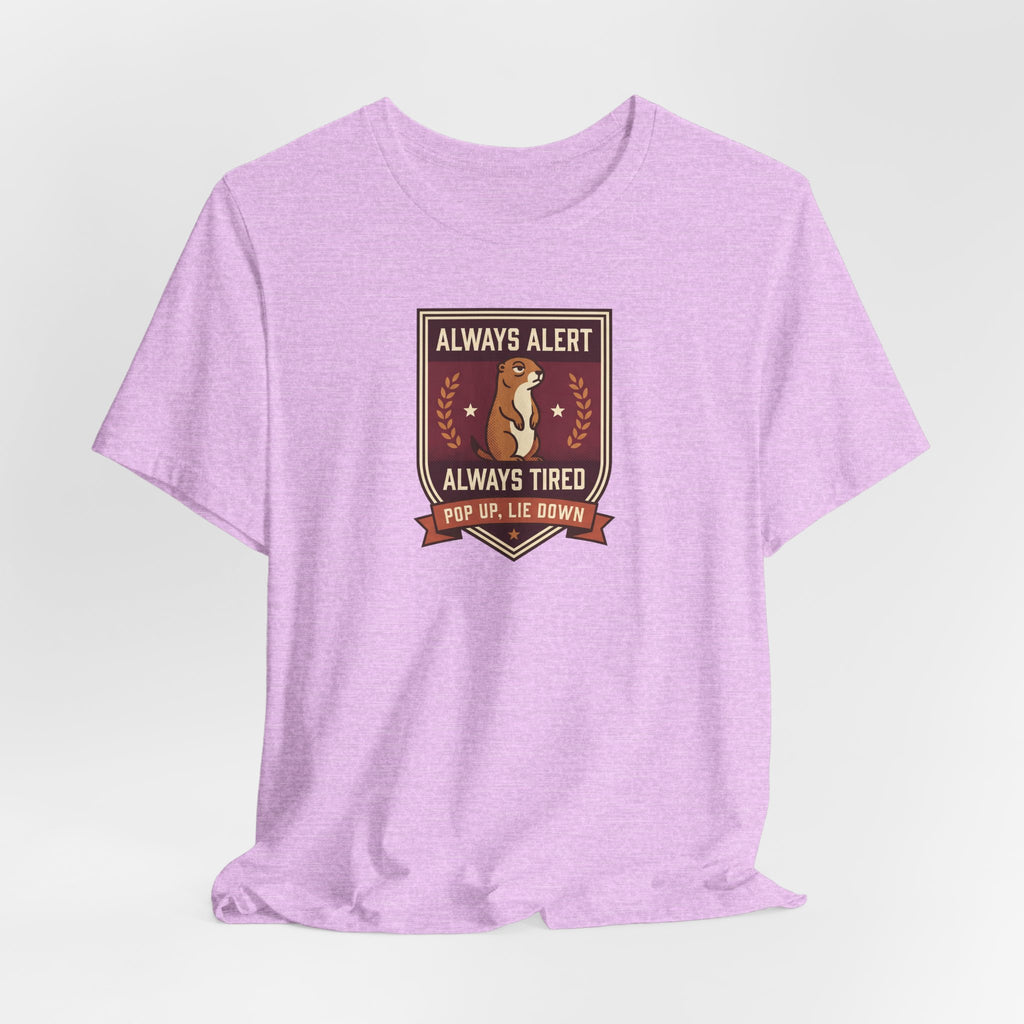Light purple crewneck T-shirt with squirrel crest badge graphic