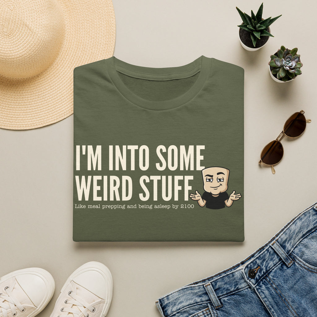 Olive green crew-neck T-shirt with "I'm into some weird stuff" meme graphic