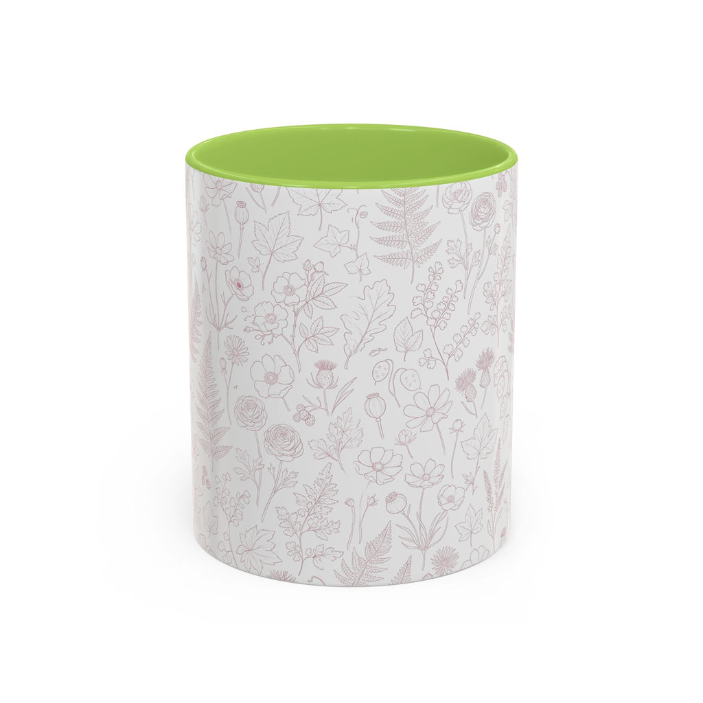 Floral wildflower pattern accent mug with light green interior and rim, white exterior