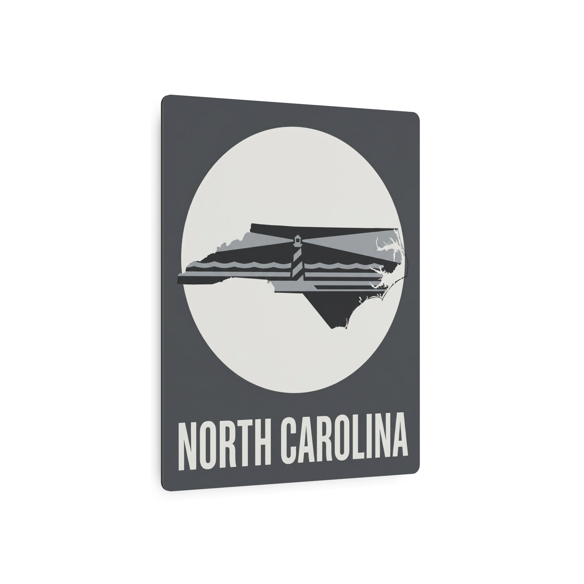 Square dark gray metal wall sign with white lighthouse graphic and “NORTH CAROLINA”