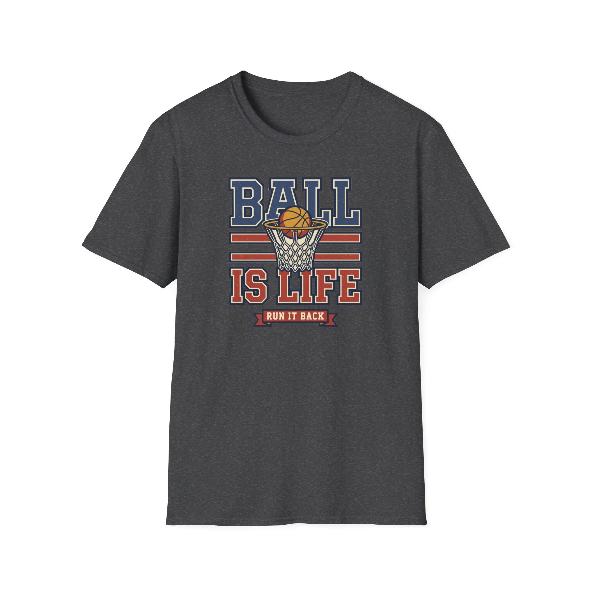 Dark gray basketball T-shirt with 'BALL IS LIFE' retro hoop graphic on chest