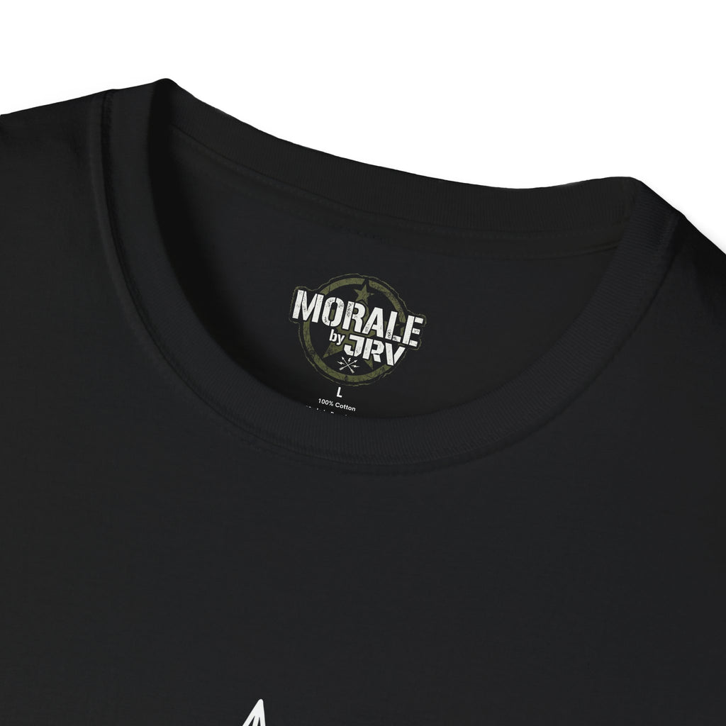 Black t-shirt neckline with small chest logo patch