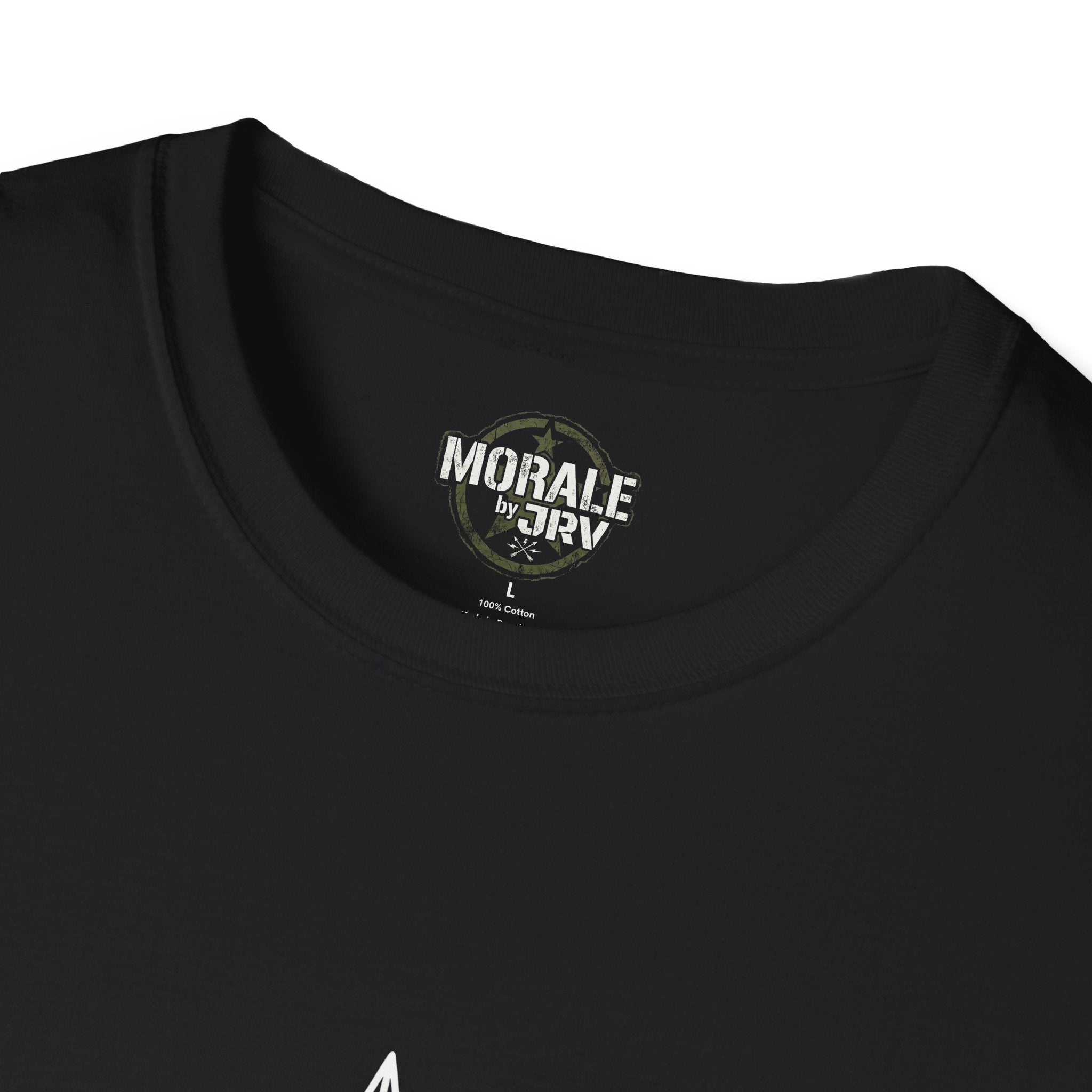 Black t-shirt neckline with small chest logo patch