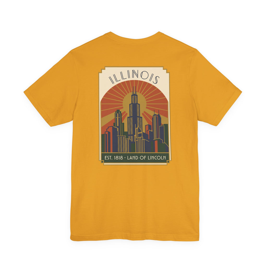 Mustard yellow art deco T-shirt with Illinois skyline graphic and retro sunset badge