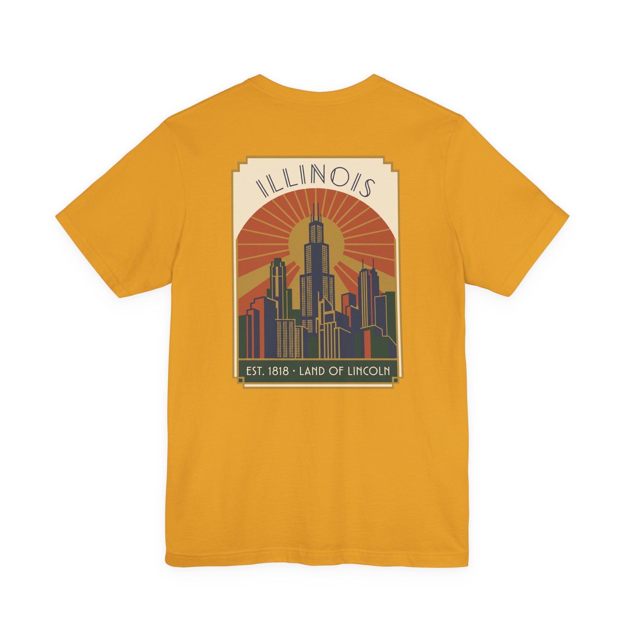 Mustard yellow art deco T-shirt with Illinois skyline graphic and retro sunset badge