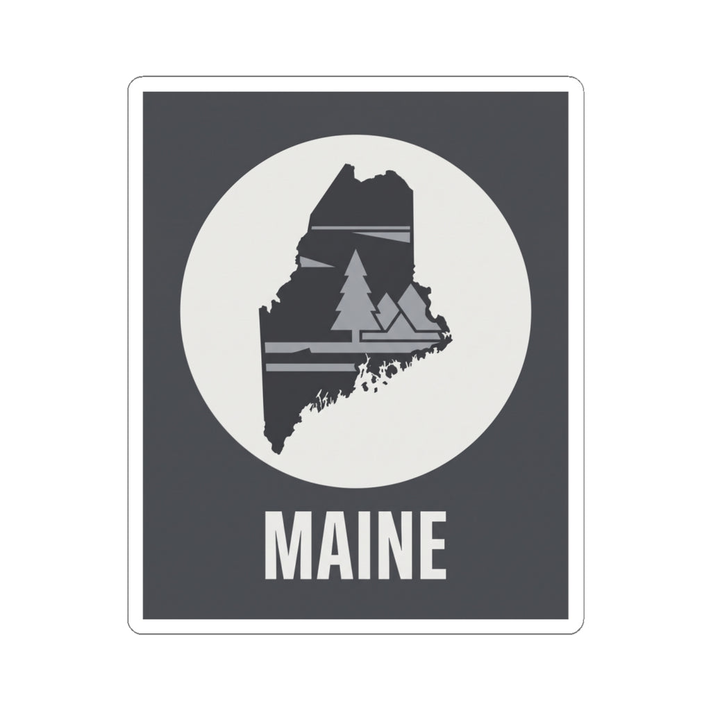 Maine state silhouette sticker: circular emblem on dark rectangle with pine trees and 'MAINE'.
