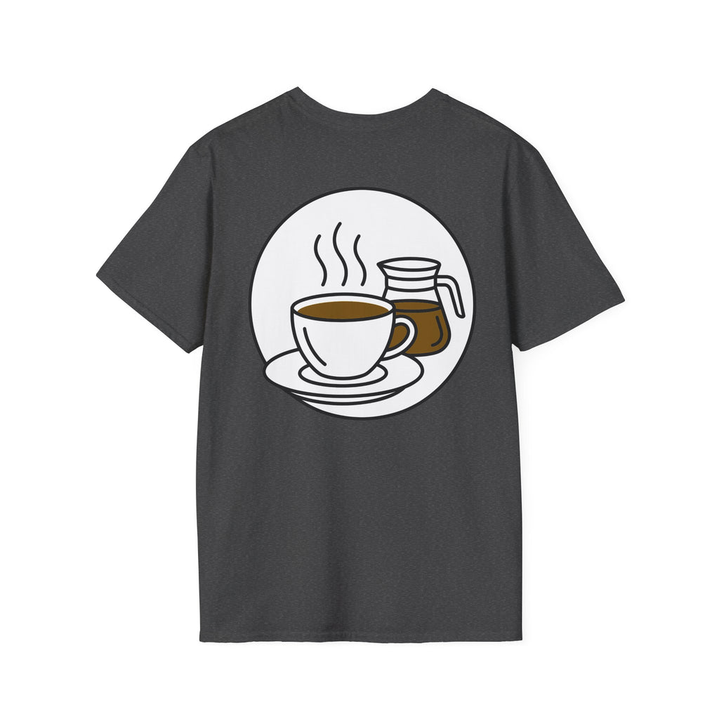 Dark grey crew-neck T-shirt with coffee cup and jar graphic