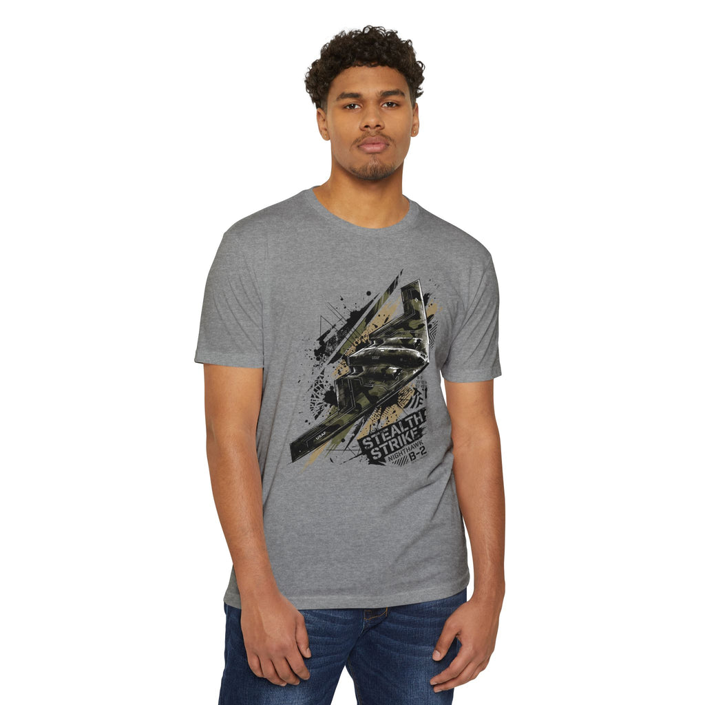 Gray crewneck T-shirt with B-2 bomber aircraft graphic on chest