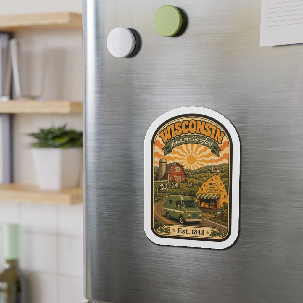 Rounded die-cut Wisconsin Dairyland magnet with “Est. 1848” on stainless fridge