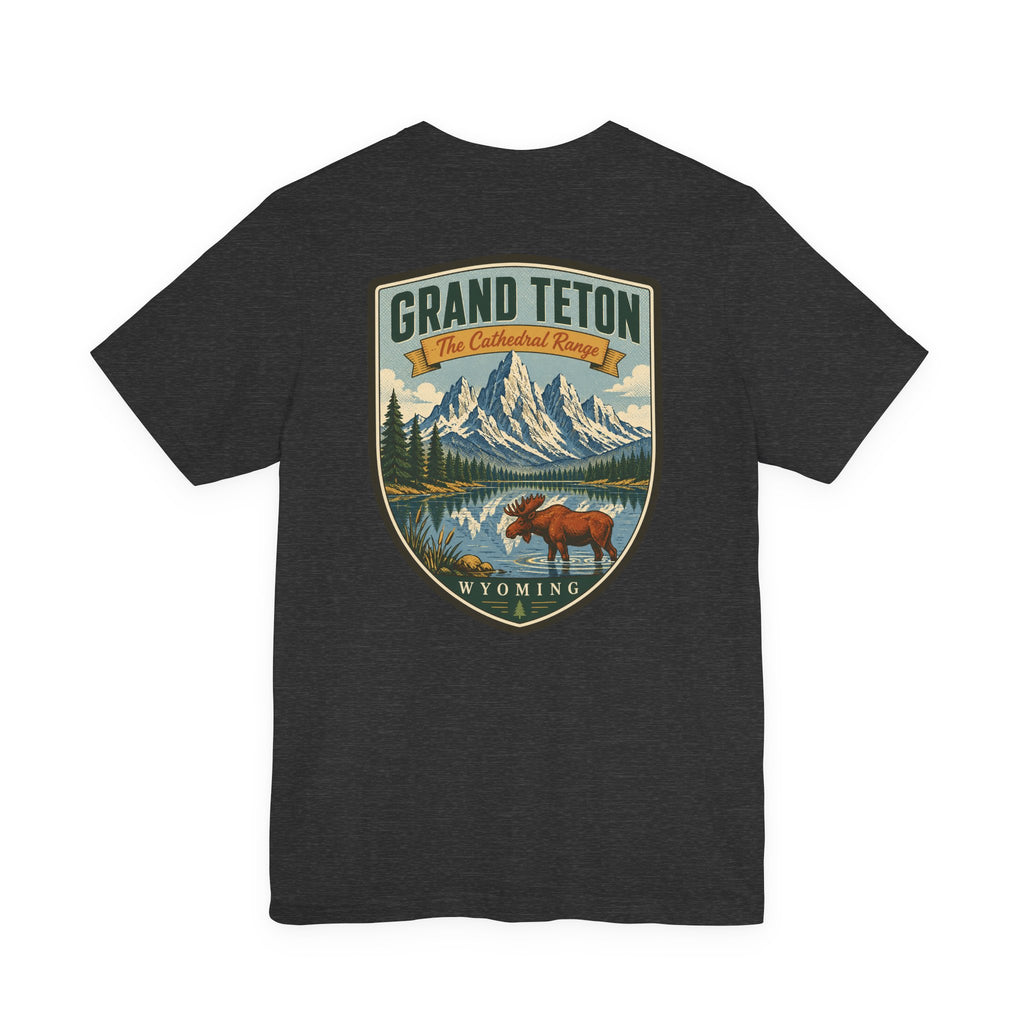 Dark heather t-shirt with centered Grand Teton Wyoming vintage shield graphic