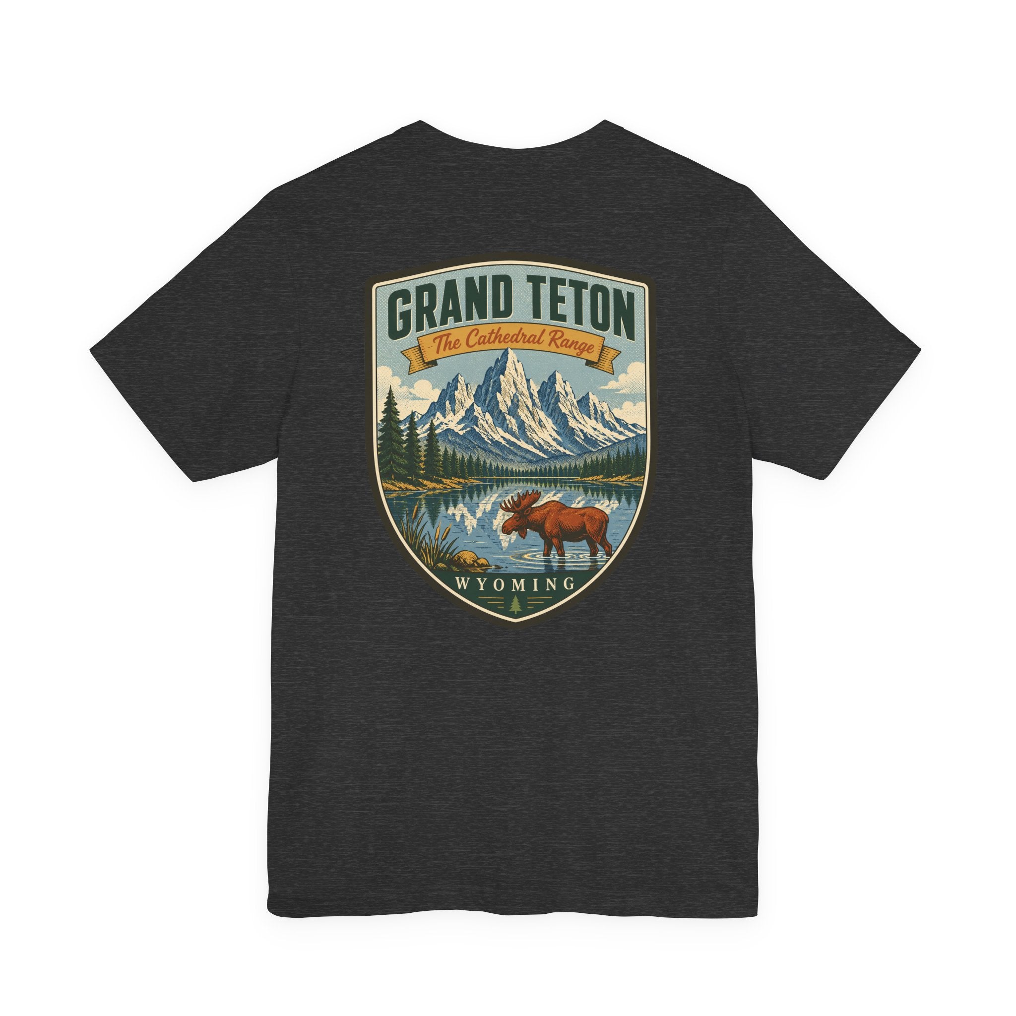 Dark heather t-shirt with centered Grand Teton Wyoming vintage shield graphic