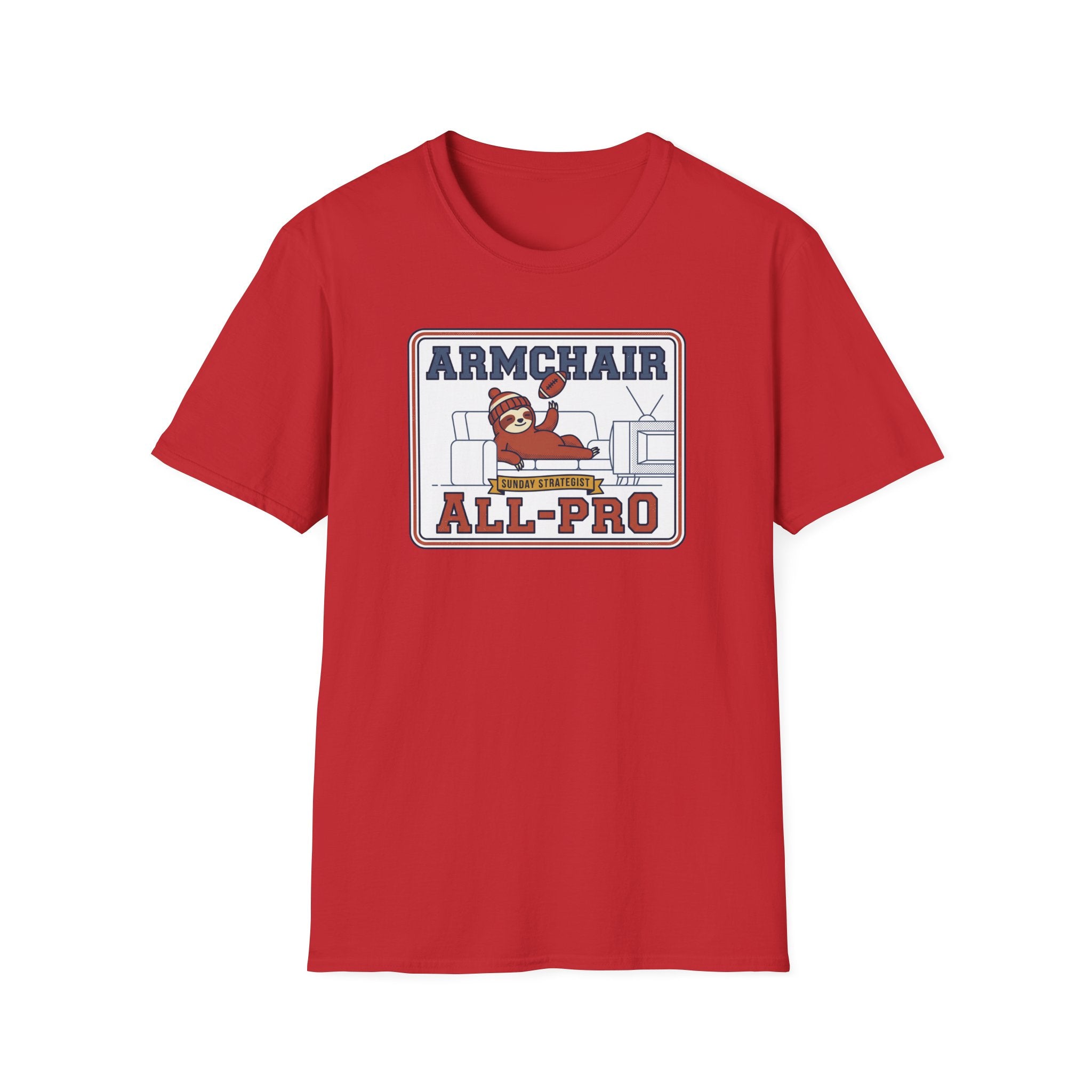 Red short-sleeve T-shirt with Armchair All-Pro logo graphic on chest.