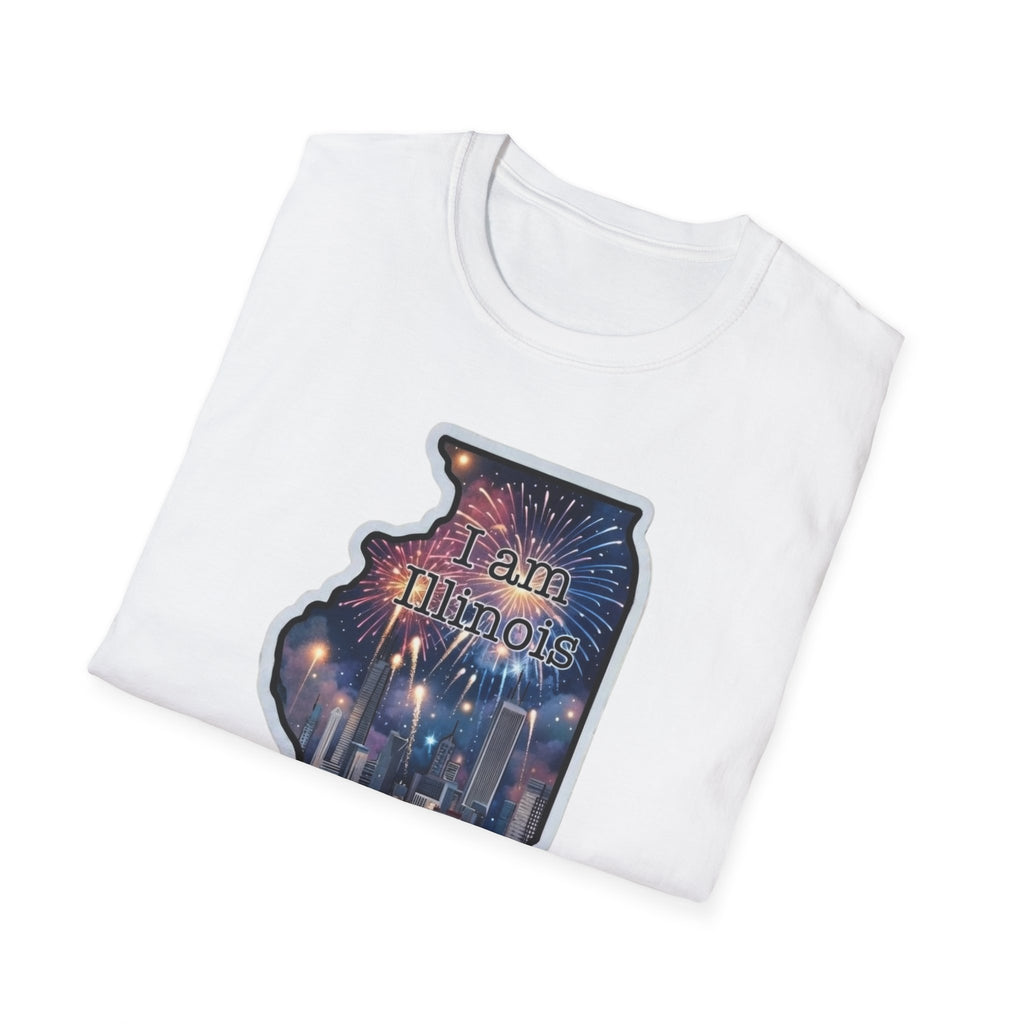 White Illinois skyline T-shirt with state-shaped fireworks city graphic on front