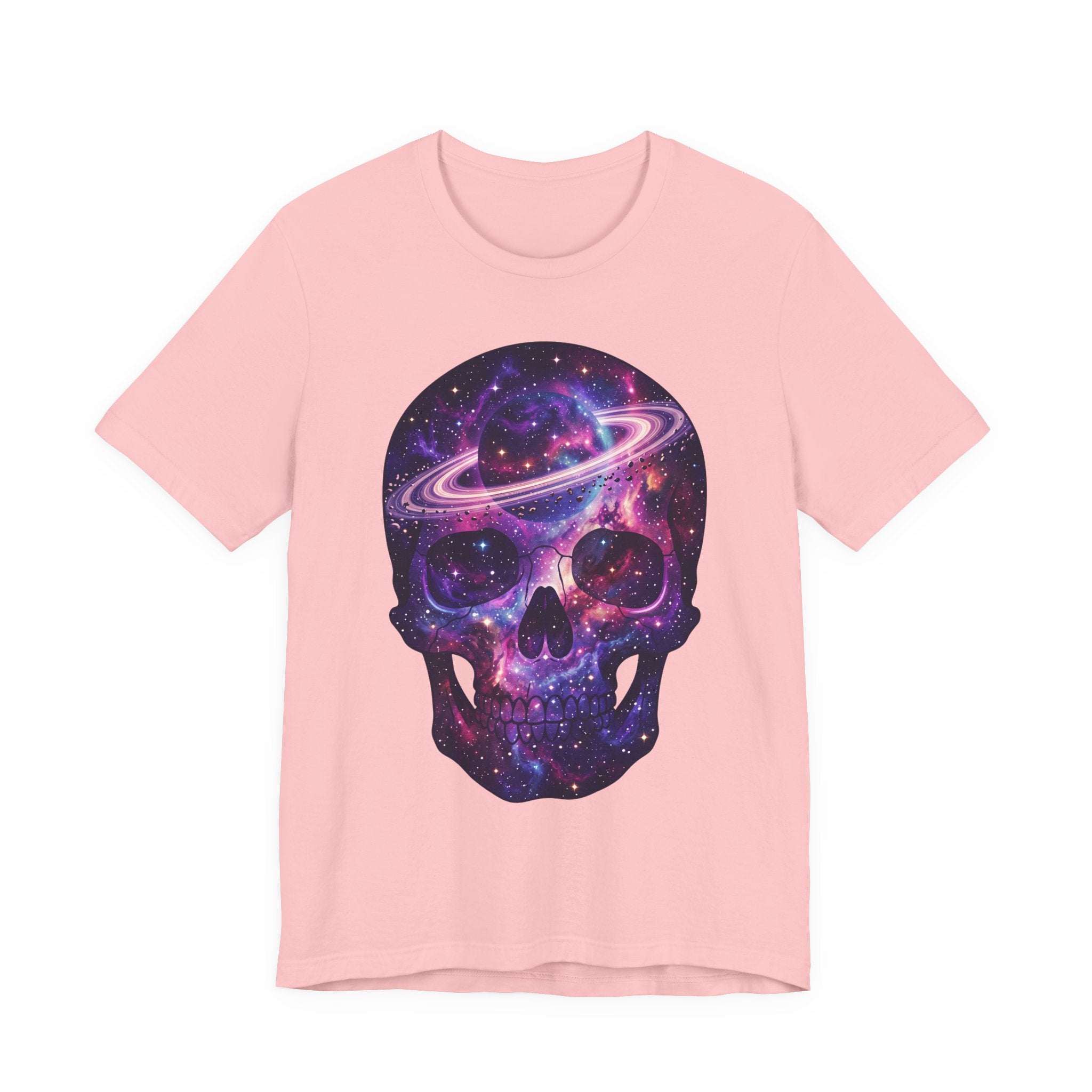 Pink Galaxy Skull T-Shirt with purple space skull and swirling ring planet graphic