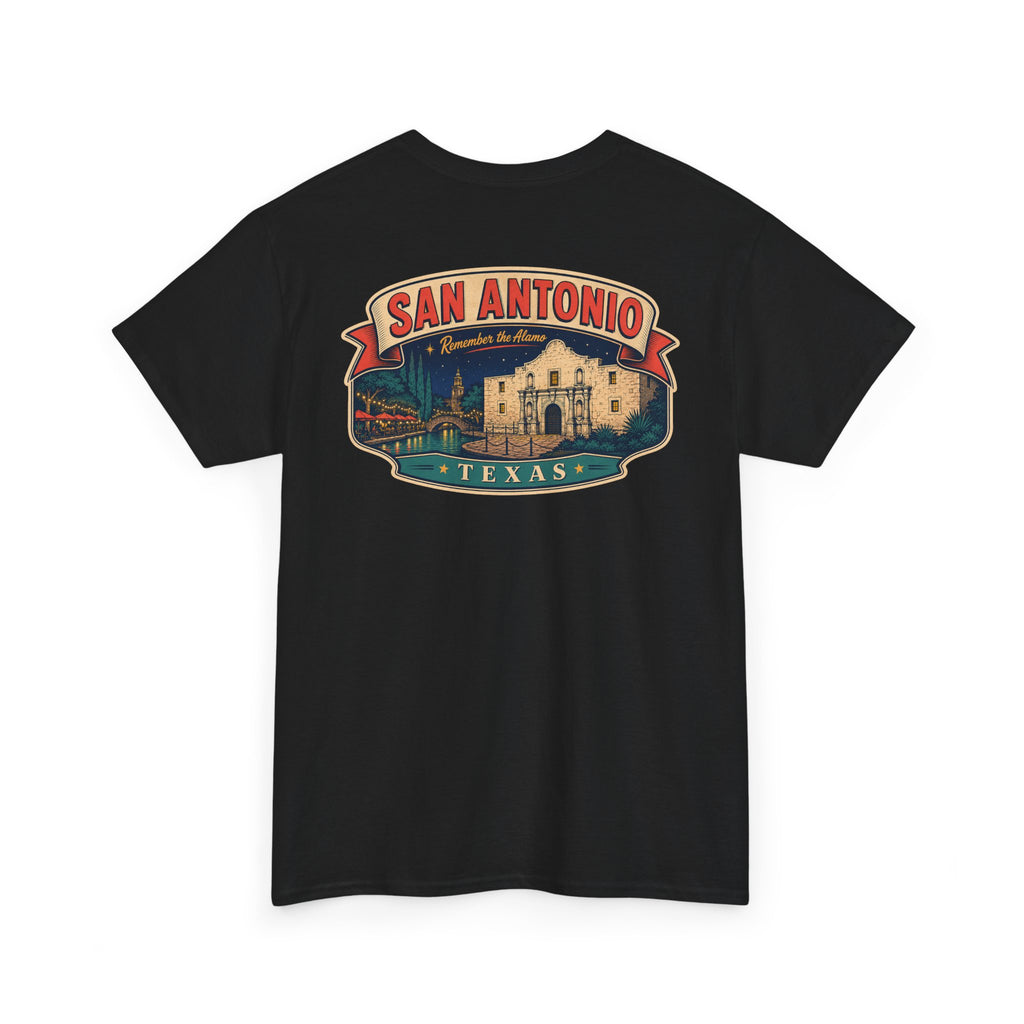 Black crewneck T-shirt with San Antonio Texas city badge graphic