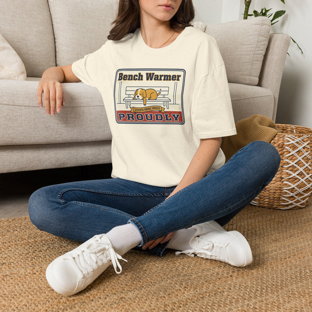 Cream unisex T-shirt worn with Bench Warmer Proudly dog front graphic