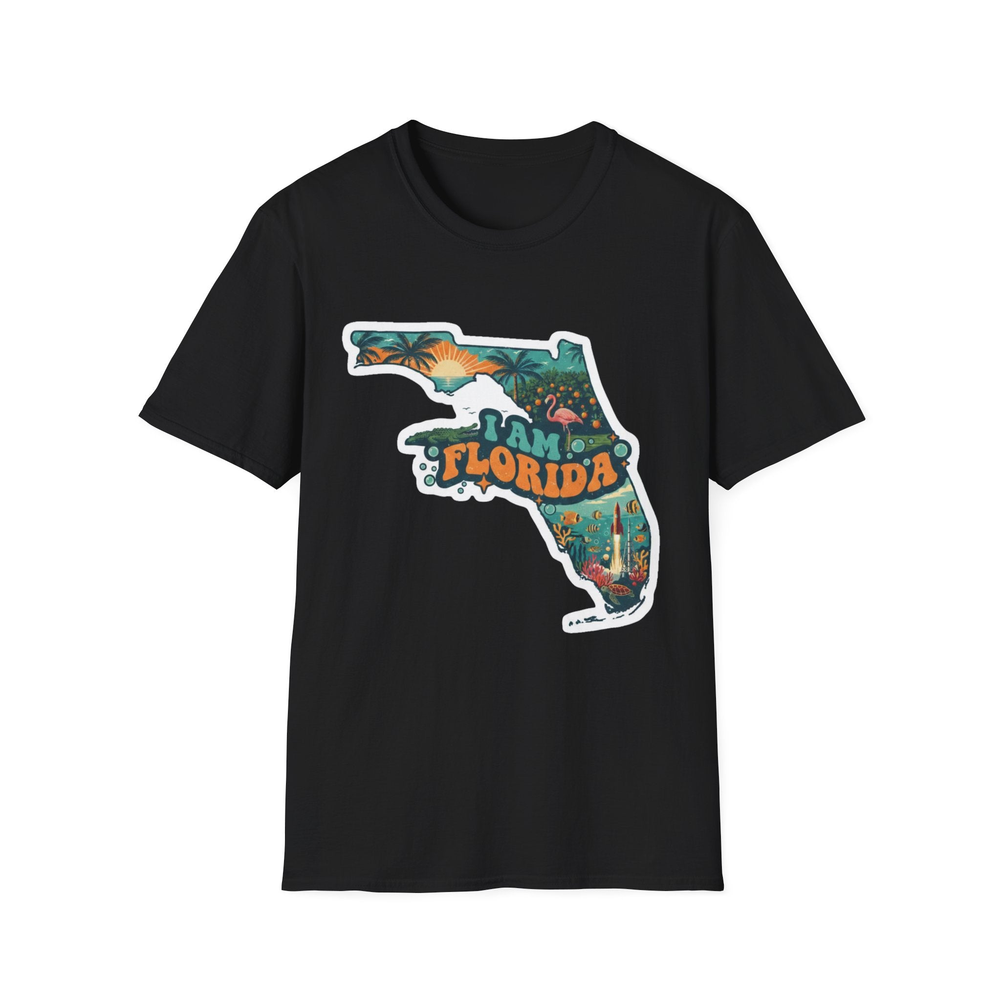Black T-shirt with “Florida” tropical sunset map graphic on the front