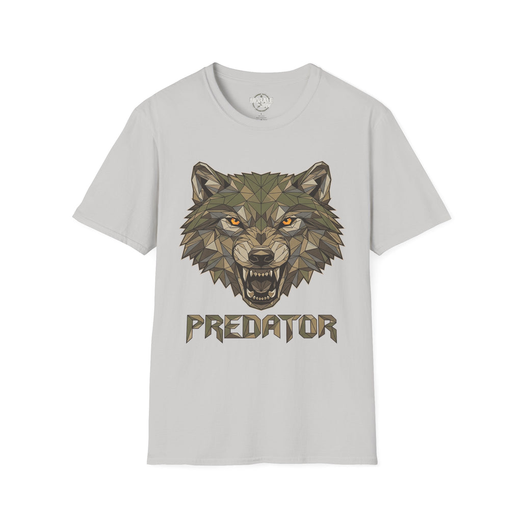 Geometrischer Wolfkopf Predator T‑Shirt, hellgrau, Frontdruck mit Wolfgesicht & Schriftzug