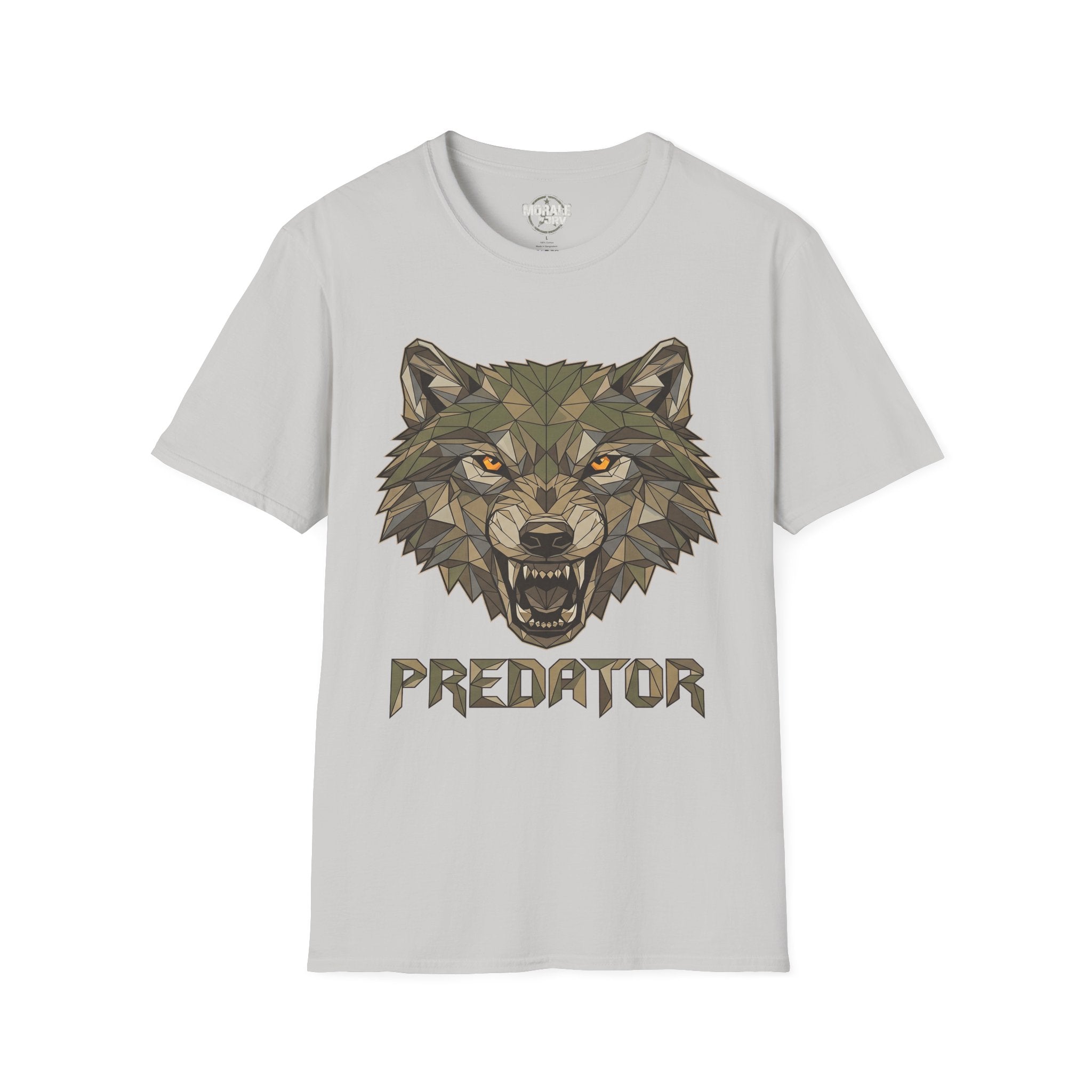 Geometrischer Wolfkopf Predator T‑Shirt, hellgrau, Frontdruck mit Wolfgesicht & Schriftzug