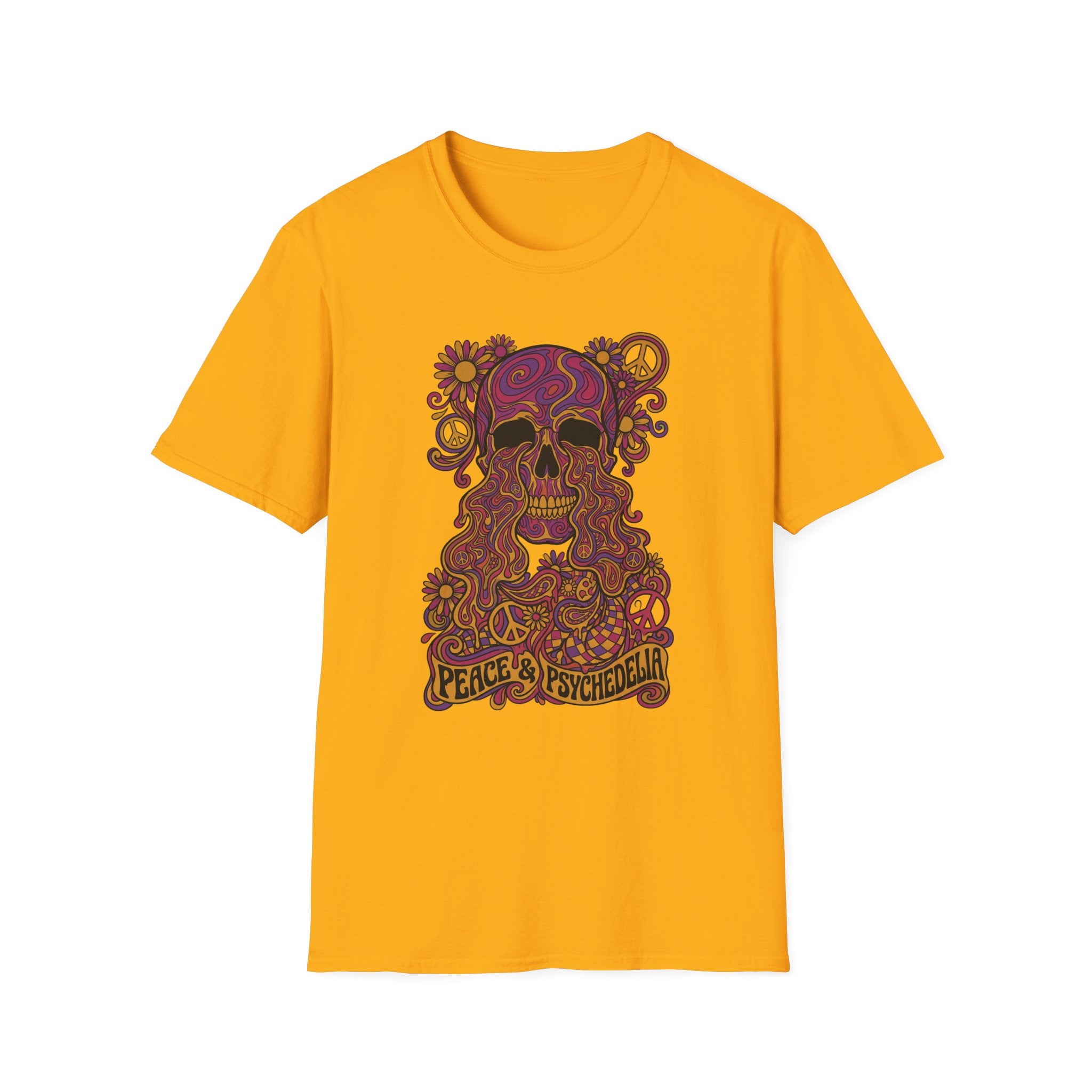 Skull T-shirt in gold with colorful floral psychedelic skull graphic and peace slogan