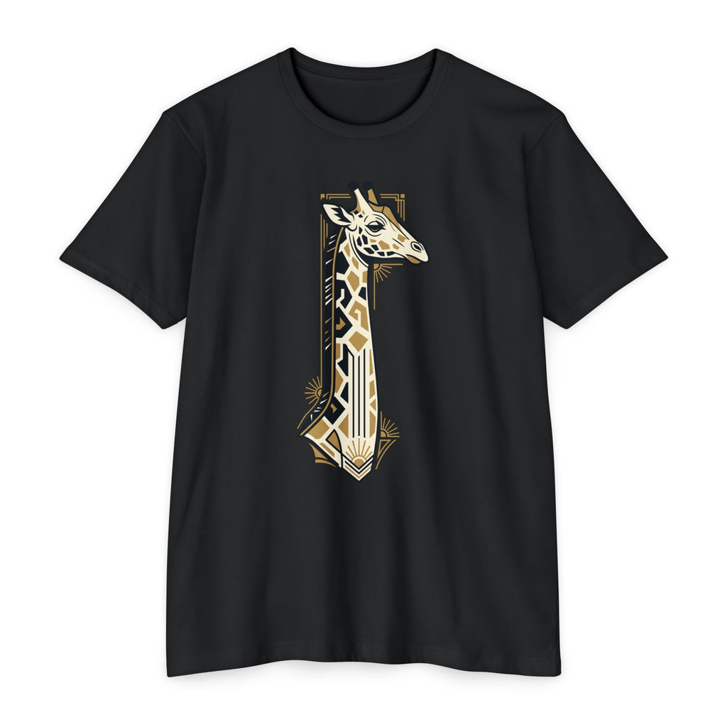 Black giraffe graphic T-shirt with Art Deco geometric badge print