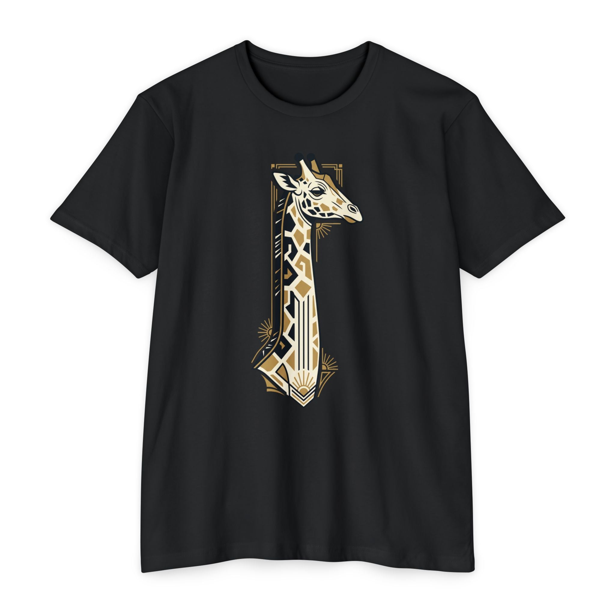 Black giraffe graphic T-shirt with Art Deco geometric badge print