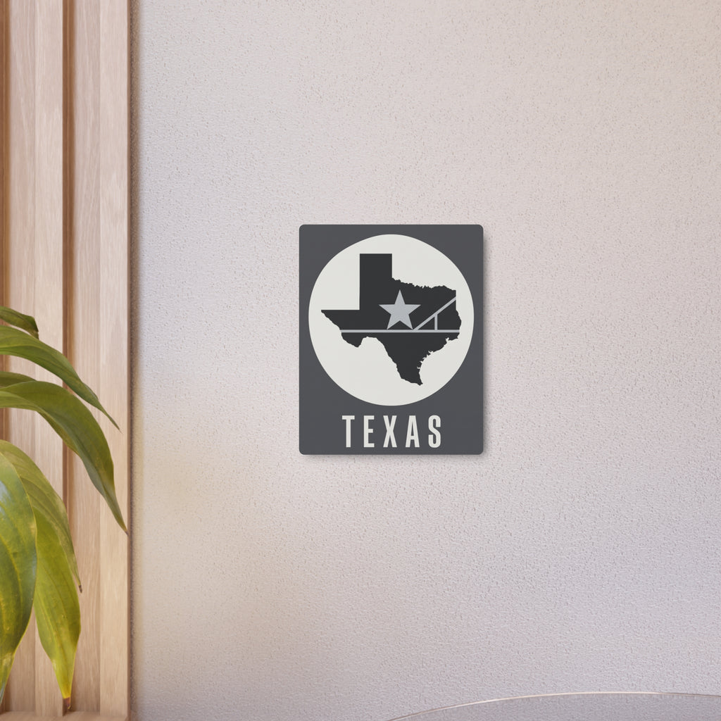 Small dark gray Texas metal wall sign with star-and-state emblem in a circle and TEXAS text