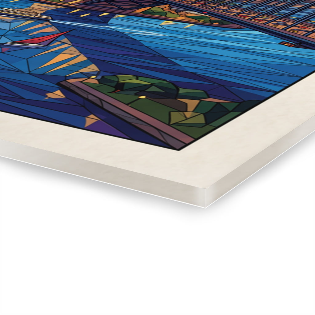 Acrylic print corner detail showing thick white edge and blue geometric artwork