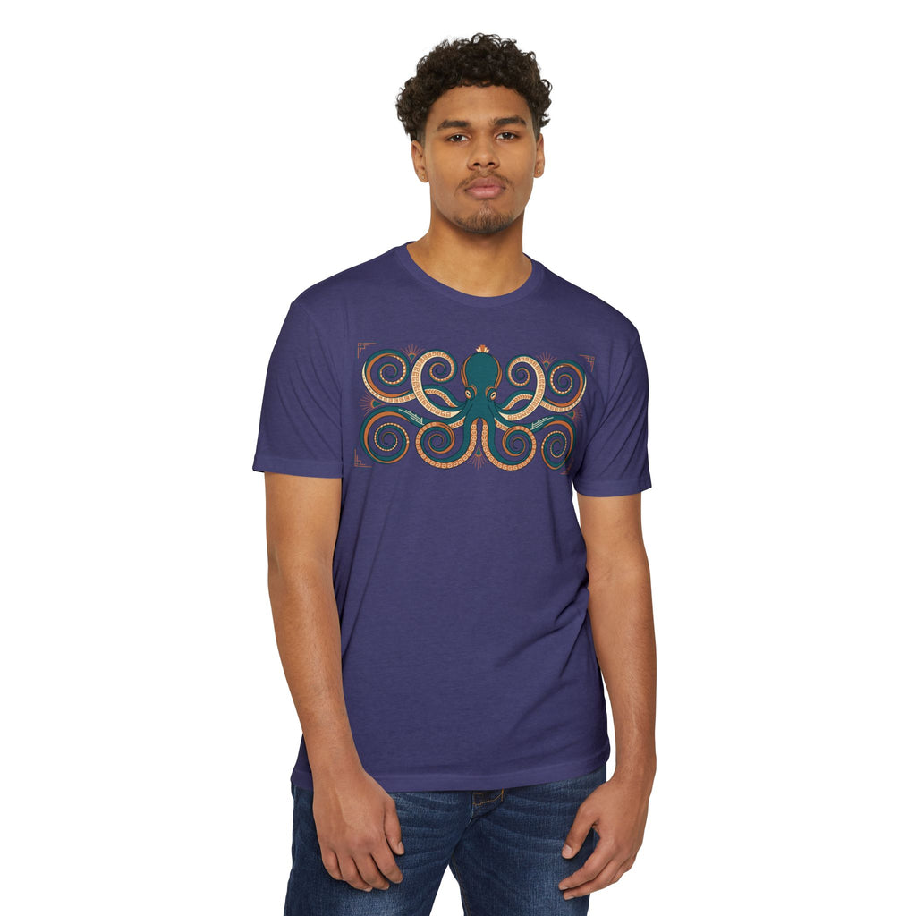 Unisex octopus graphic T-shirt, dark purple with teal and gold octopus front design.