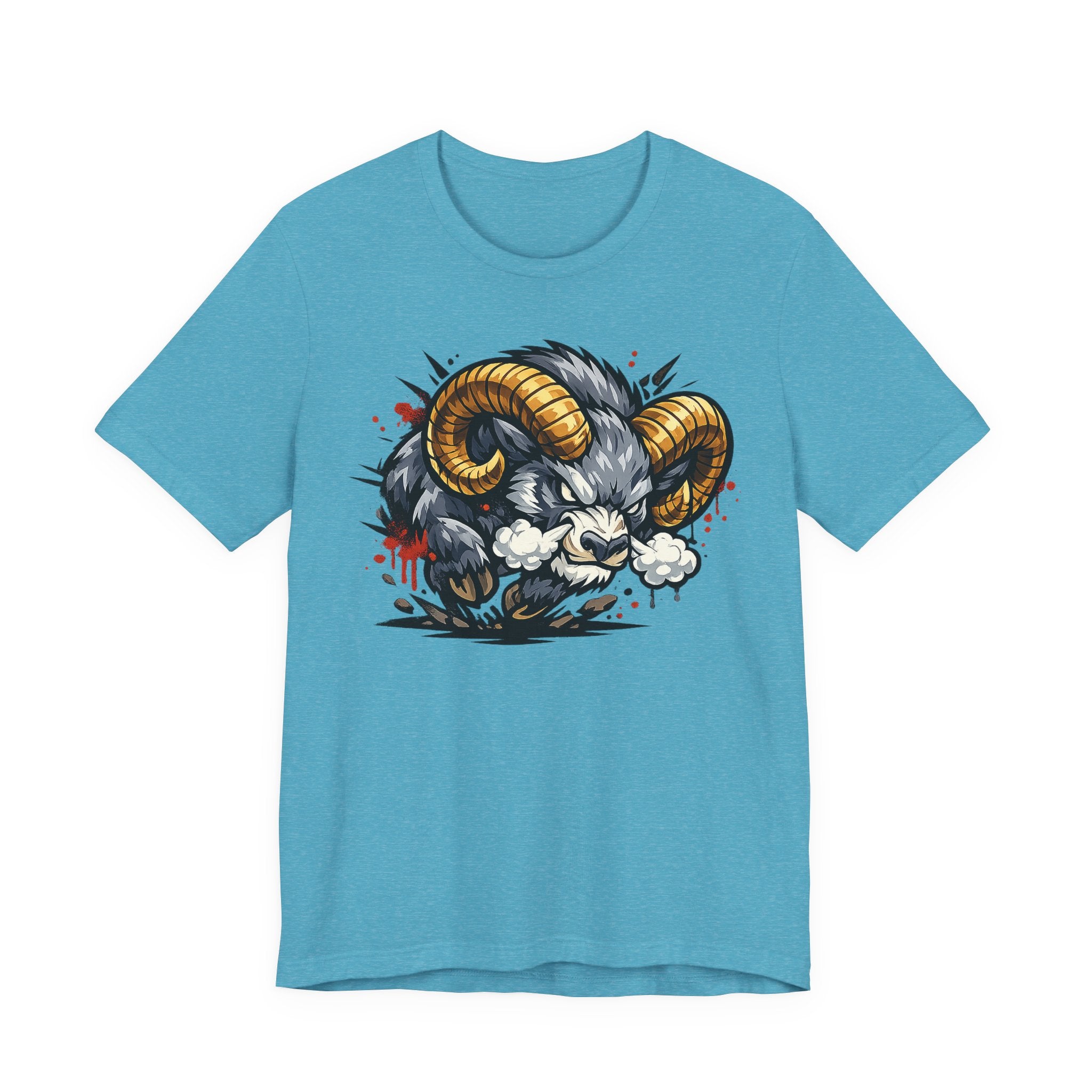 Light blue crew-neck T-shirt with angry ram graphic in gold, black, and white